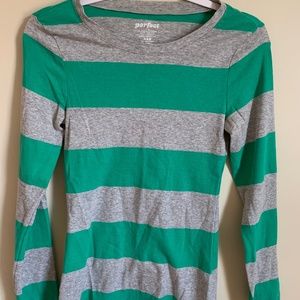 Green and Gray Striped Scoop Neck Long Sleeve
